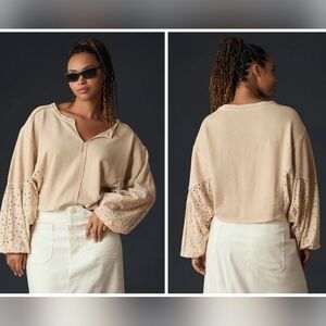 NWT Anthropologie Plus Size Pilcro Batwing Eyelet Cropped Sweatshirt in Beige